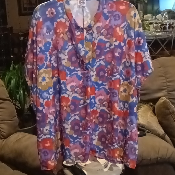 ZIG ZAG SRIPE floral multi-colored blouse w pleated front & elastic cuffs Sz OS - Picture 6 of 10